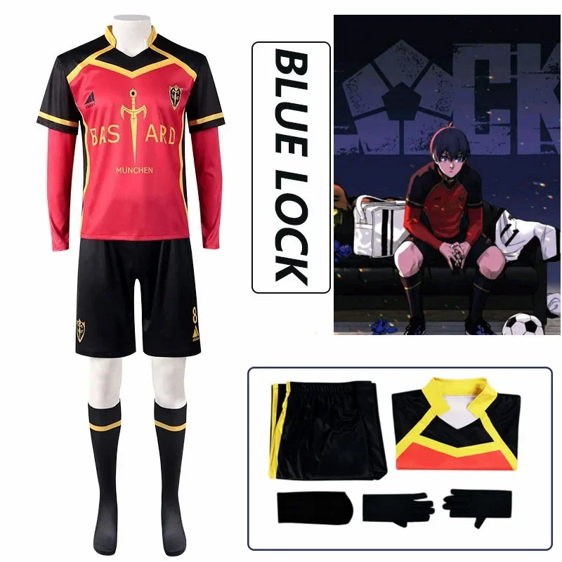 Blue Lock Anime Cosplay Costume Red T-shirt Shorts Bastard Munchen Ness Emperor Isagi Yoichi Kurona Cosplay Costues 4PCS for Men