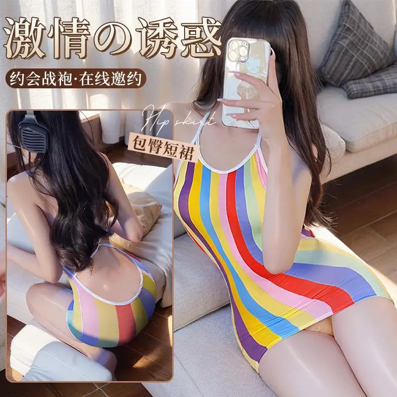 فستان مثير قوس قزح شريط الكتفين إغراء ضيق ملفوفة الورك تنورة قصيرة فساتين حريمي عادية الصيف فستان نسائي Xxx