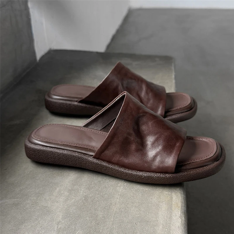 

Women Slides Sandals Genuine Leather Summer Low Heels Shoes Woman Home House Slippers Outdoor Casual Shoes QG08