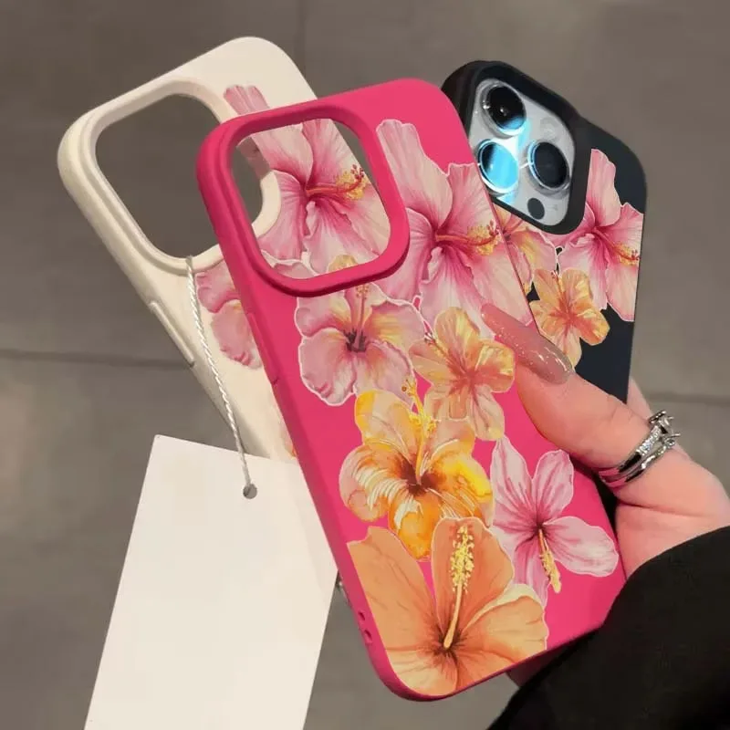 Для iPhone 16, 15, 14, 13, 12, 11 Pro Max Plus XS Max X XR акварельный чехол с цветком гибискуса и личи, конфетный силиконовый чехол для телефона