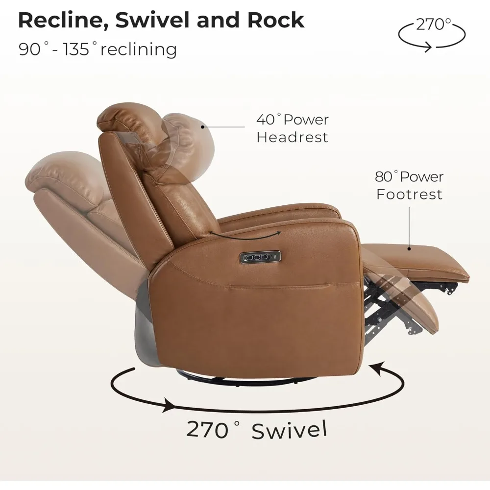 Leather Power Swivel Recliner Chair,for Living Room with Adjustable Headrest,Electric Rocker Recliner