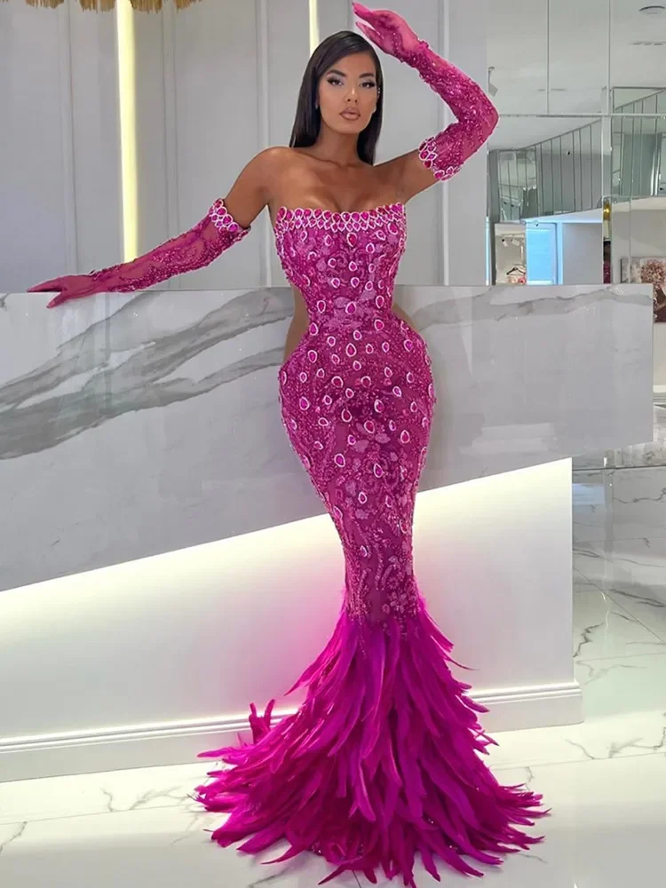 2024 Sexy Off Shoulder Crystal Feather Sequins Gloves Pink Maxi Long Women Celebrity Dress Elegant Party Evening Club Vestido