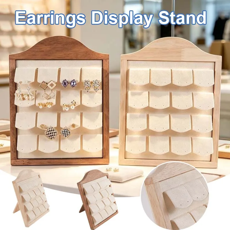 Wooden Vertical Earring Display Stand Jewelry Ring Organizer Rack Faux Suede Storage Tray for Retail Store Exhibition Home Use