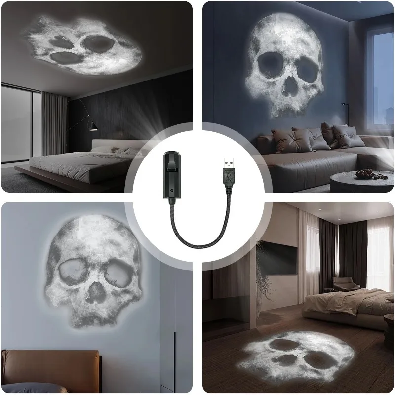 Skull LED Projection Lamp USB Halloween Spooky Night Light Atmosphere Lamp for Bedroom Indoor Holiday Decor Bedside Lamp