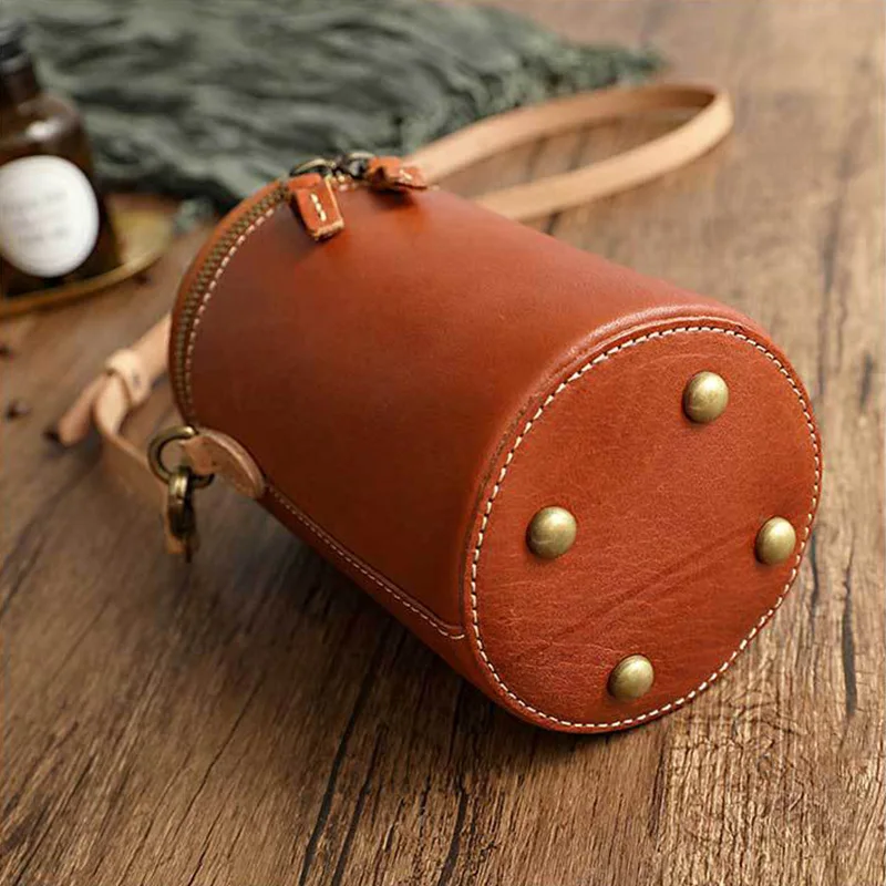 Bolsa de telefone em formato de barril, vintage, couro de vaca genuíno, carteiras de armazenamento, mulheres, moda ao ar livre, chique, sólida, pequena, bolsa de ombro crossbody