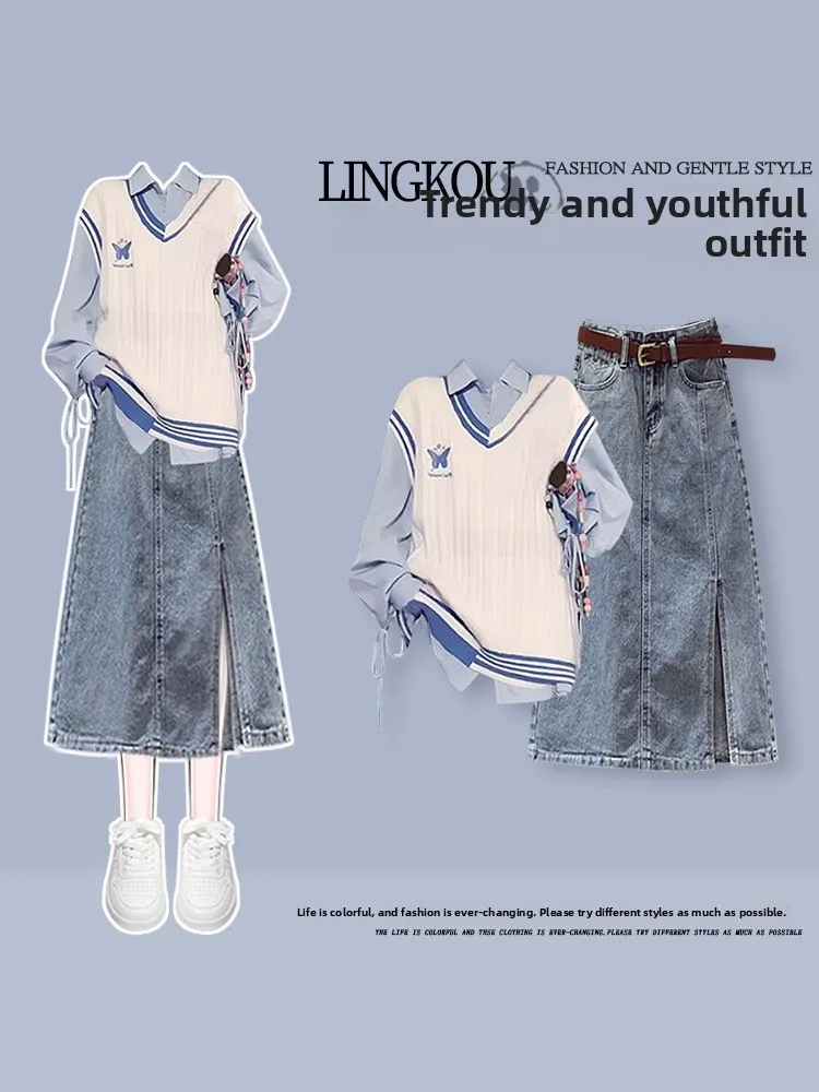 

Korean Style Knitted Vest And Shirt Set plus Size Autumn Fashion for Women with High Waist mid Length Denim Skirt Three Piece...