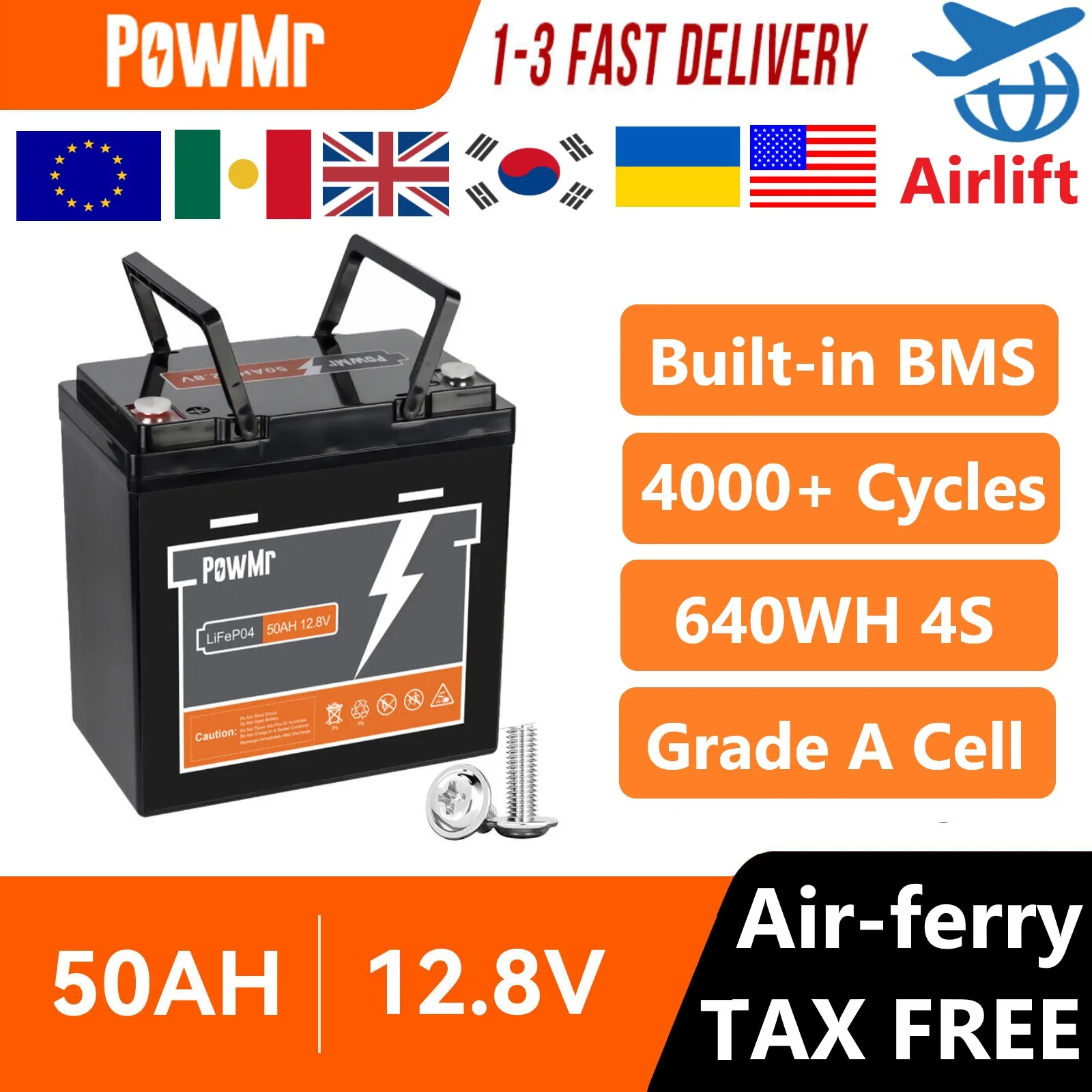 

PowMr 12V LiFePO4 50Ah Battery Pack BMS Portable Storage Energy Batteries Boat RV Camping Outdoor Power EU Ukraine Stock NO TAX
