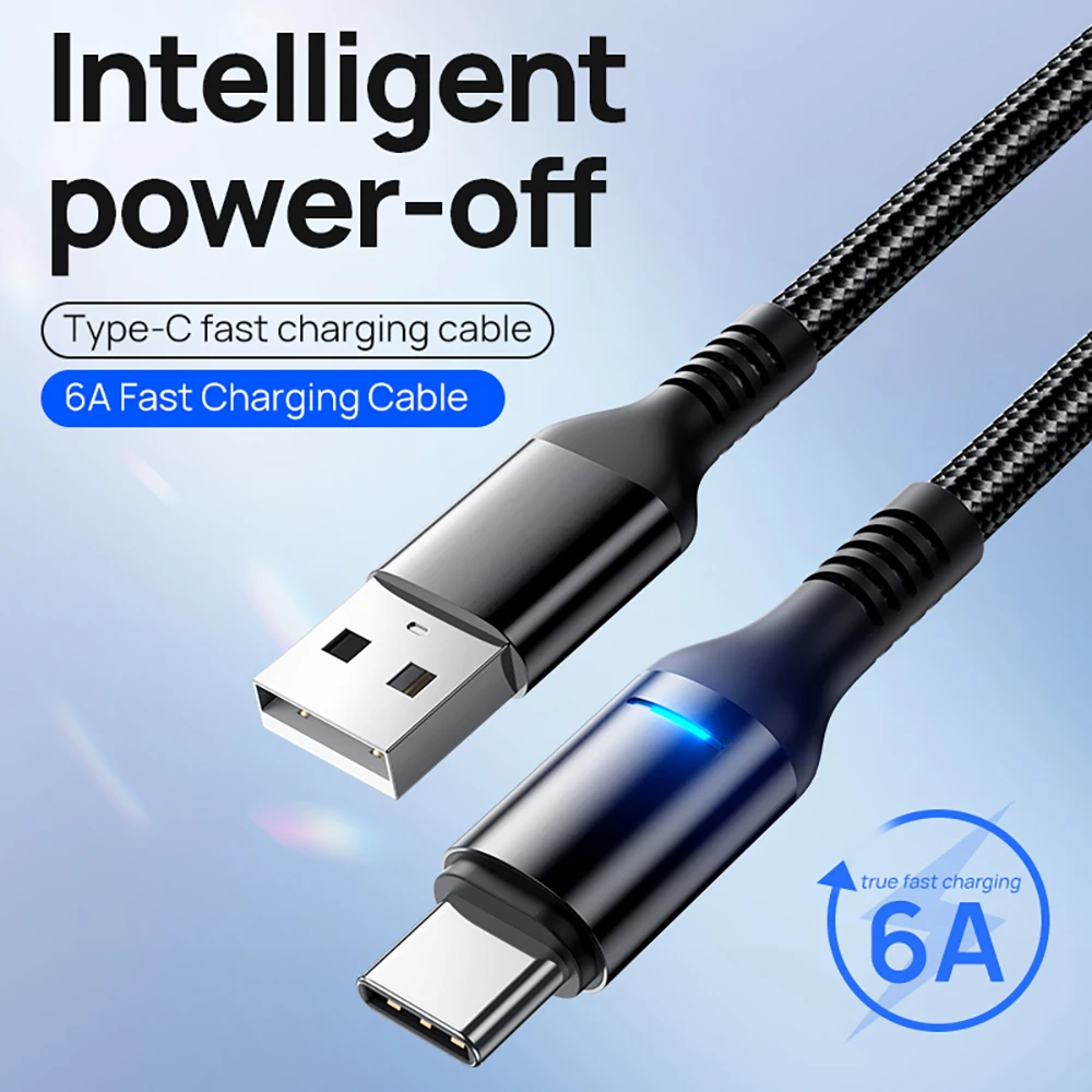 

USB-C, 100 Вт, 6 А, кабель для быстрой зарядки с интеллектуальным автоматическим отключением питания, светодиодным дисплеем, зарядное устройство с нейлоновой оплеткой, USB-C, высокоскоростные данные типа C