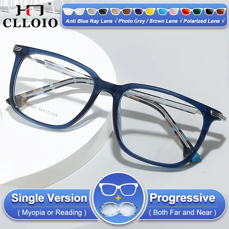 

CLLOIO Vintage Men's Square Design Anti Blue Ray Glasses Photochromic Myopia Prescription Eyeware Progressive Optical Eyeglasses
