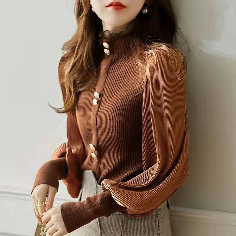 Autumn Fashion Solid Color Splice Chiffon Half High Neck Bubble Sleeve Versatile Slim and Fashionable Women\'s Knitted Sweater