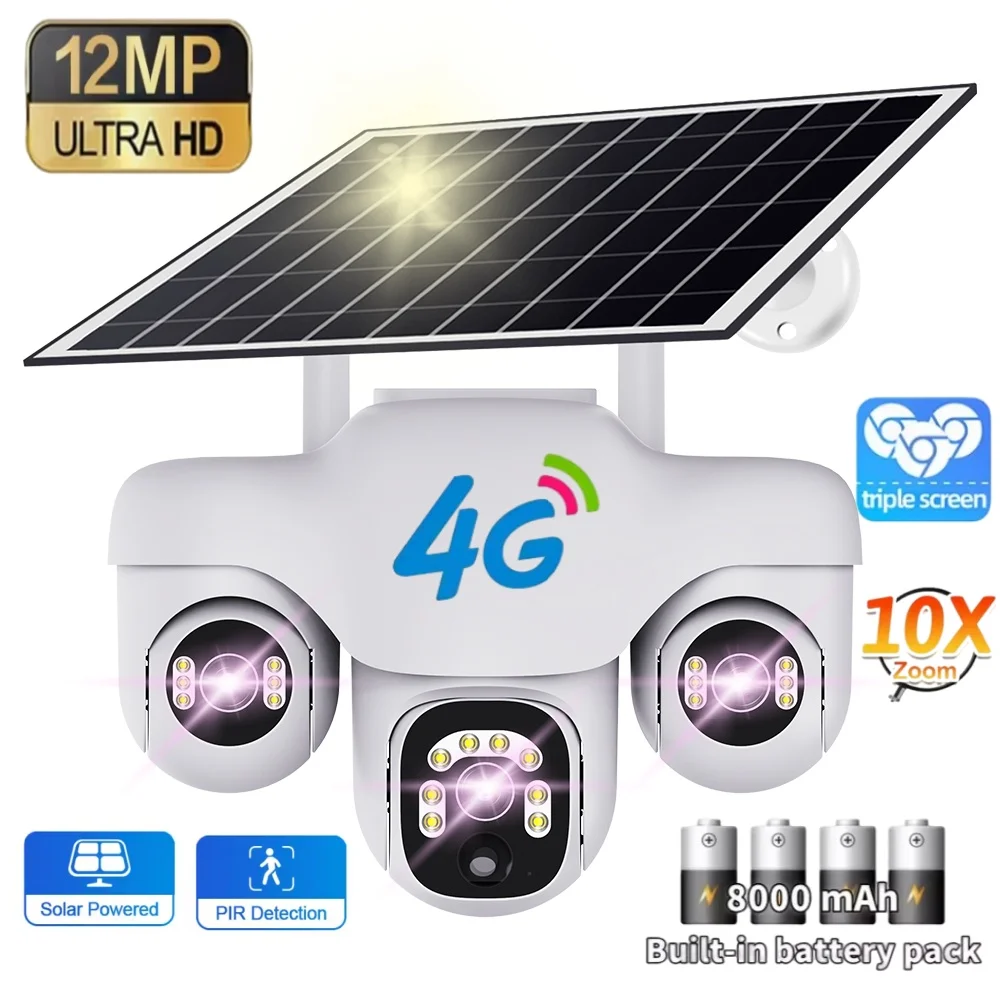 

12MP Triple Lens PTZs Camera Home Security Outdoor 4G CCTV Video Surveillance Solar endurance IP66 Waterproof Wireless Cameras