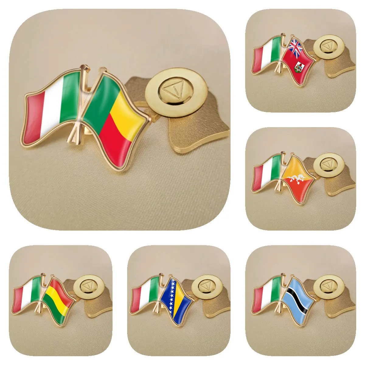 Italy and Benin Bermuda Bhutan Bolivia Bosnia and Herzegovina Botswana Double Crossed Friendship Flags Brooch Lapel Pins Badges