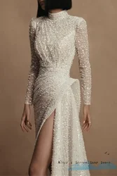 Evening  Dresses High Neck Full Long Sleeve Sequin Lace Floor-Length High Split End Women Bridal Gowns /Formal Party Dress 2023