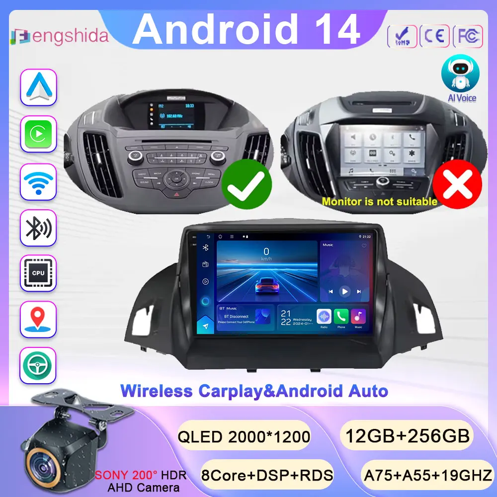 Android 14 For Ford C-MAX Kuga 2 Escape 3 2012--2019 Android Auto Radio Multimedia Player GPS Navigation Carplay Head Unit QLED