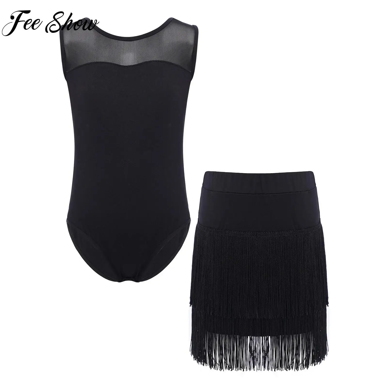 

2Pcs Kids Girl Latin Cha-cha Tango Dance Performance Outfit Sleeveless Sheer Mesh Press Buttons Crotch Leotard with Tassel Skirt