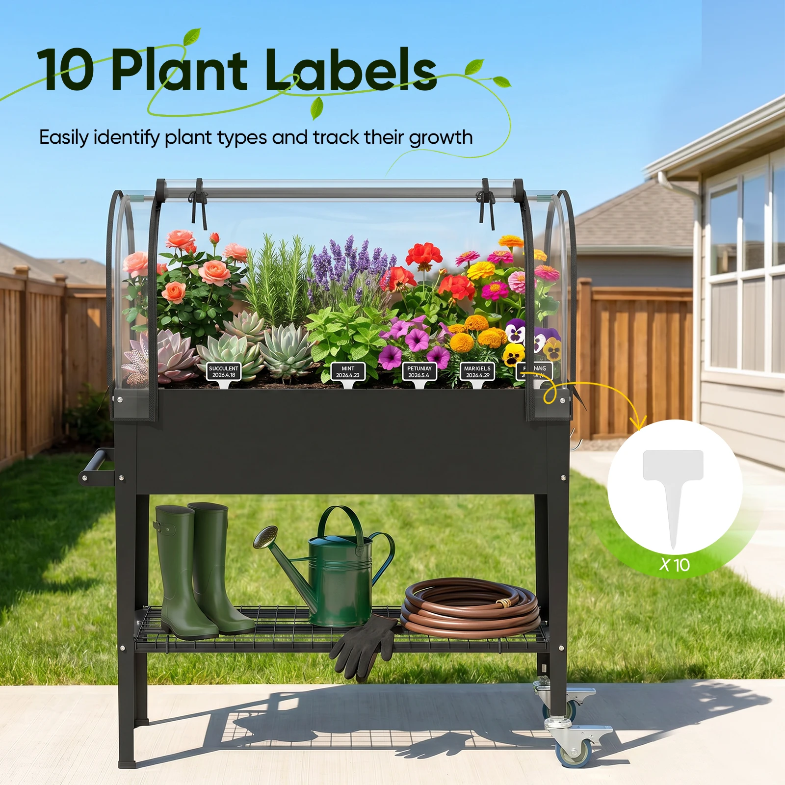 Bac à Jardin Surélevé en Métal avec Couverture de Serre, Jardinière Mobile en Acier Galvanisé avec Roues Verrouillables, Étagère de Rangement et Kit Complet d'Outils de Jardinage