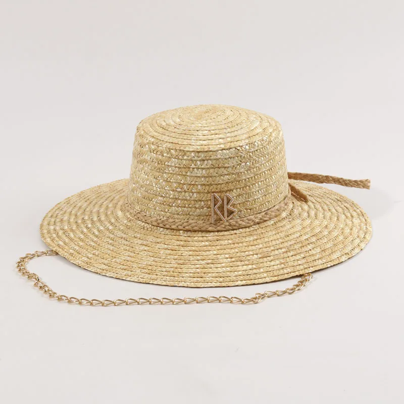 Golden Chain Design Wheat Straw Rope Flat Top Sun Hat, UV Protection Summer Cap for Women, Russia Hat