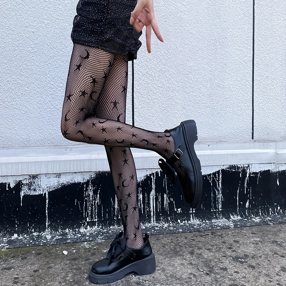 Moon Star Pattern Fishnet Tights Women Black Elastic Sheer Mesh  Lolita Slim Daily All Match Pantyhose