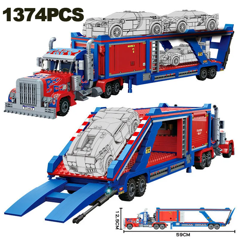 1374PCS Technical City Trailer Transport Truck Sportcar Building Blocks Racing Car Bricks Model Vehicle Toy Kids Adult For Gifts