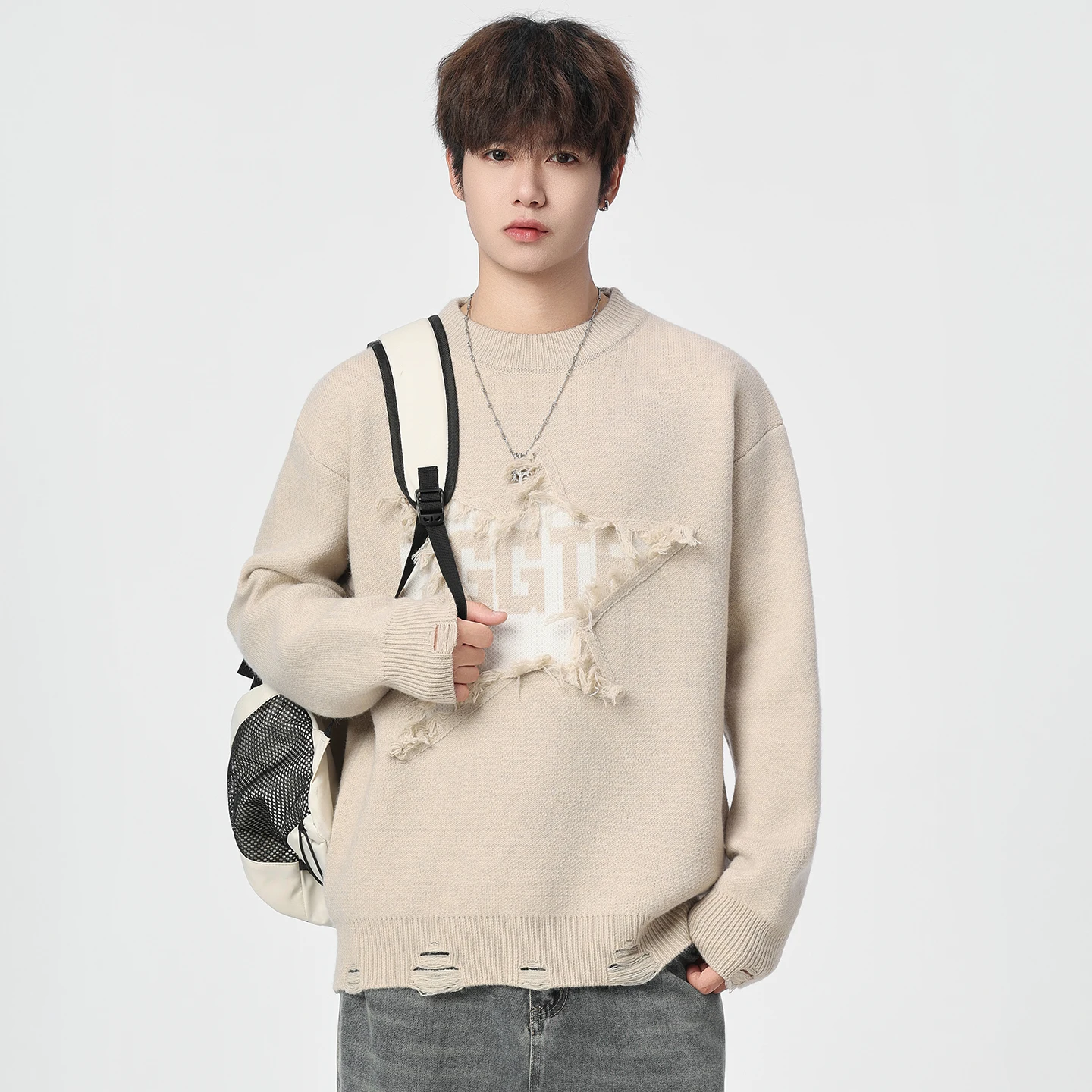 

K-Pop High Street Ripped Hip Hop Star Patchwork Sweater Oversized Knitted Jumpers Vintage Distressed Pullover Knitwear Tops