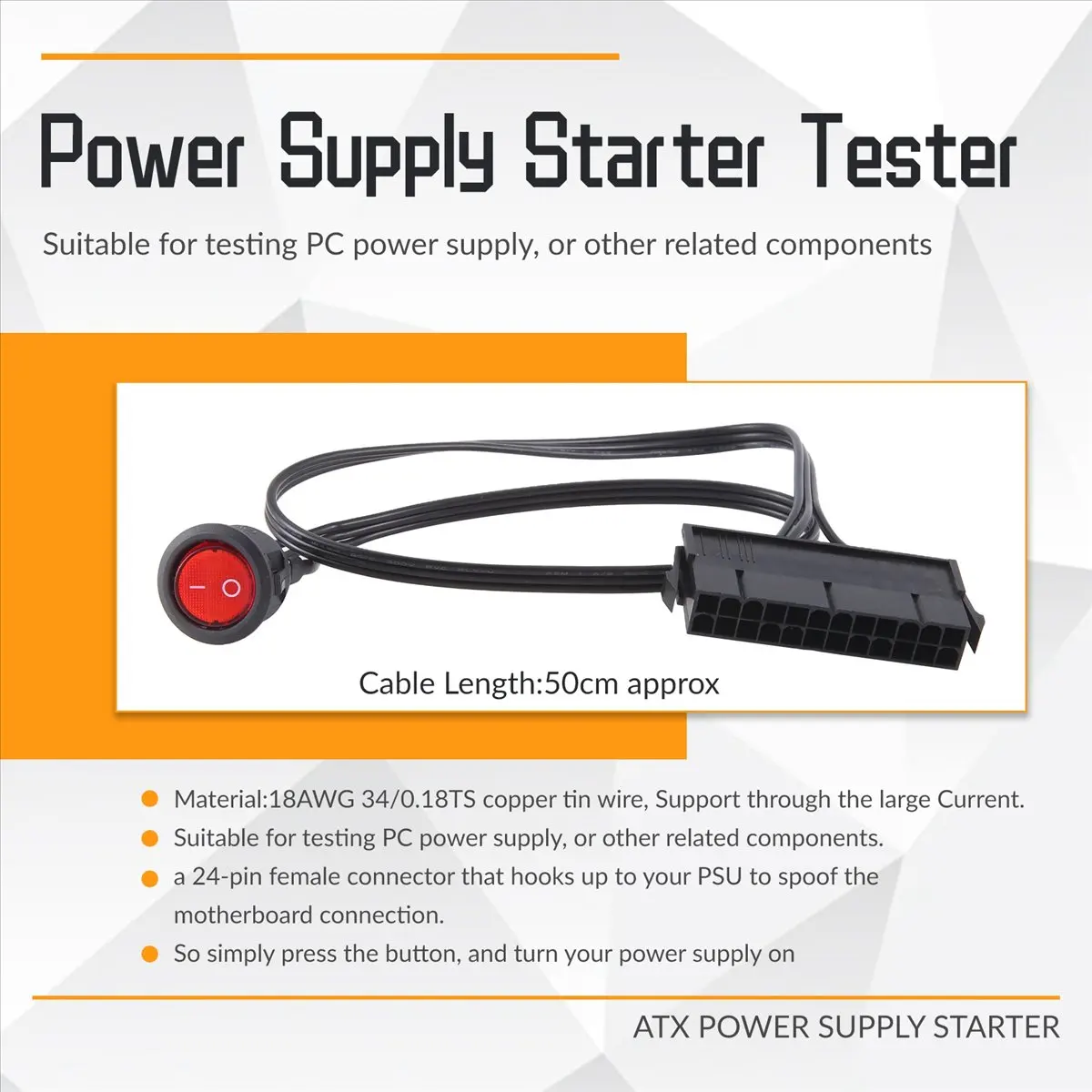 (A23G) 50cm Cable Copper Tin Wire 24-Pin Female ATX PSU PC Power Supply Starter Tester Start Up Jumper with ON/OFF Switch