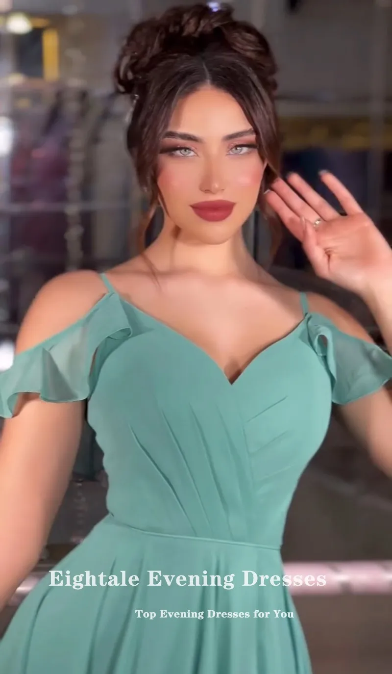 Eightale 新しいイブニングドレスグリーンシフォン A ラインスパゲッティストラッププリーツ長袖カスタマイズされたウエディングドレスパーティードレス