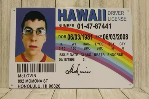 McLovin Superbad Driver License Tin Sign Metal Movie Poster Hawaii Fake ID Funny