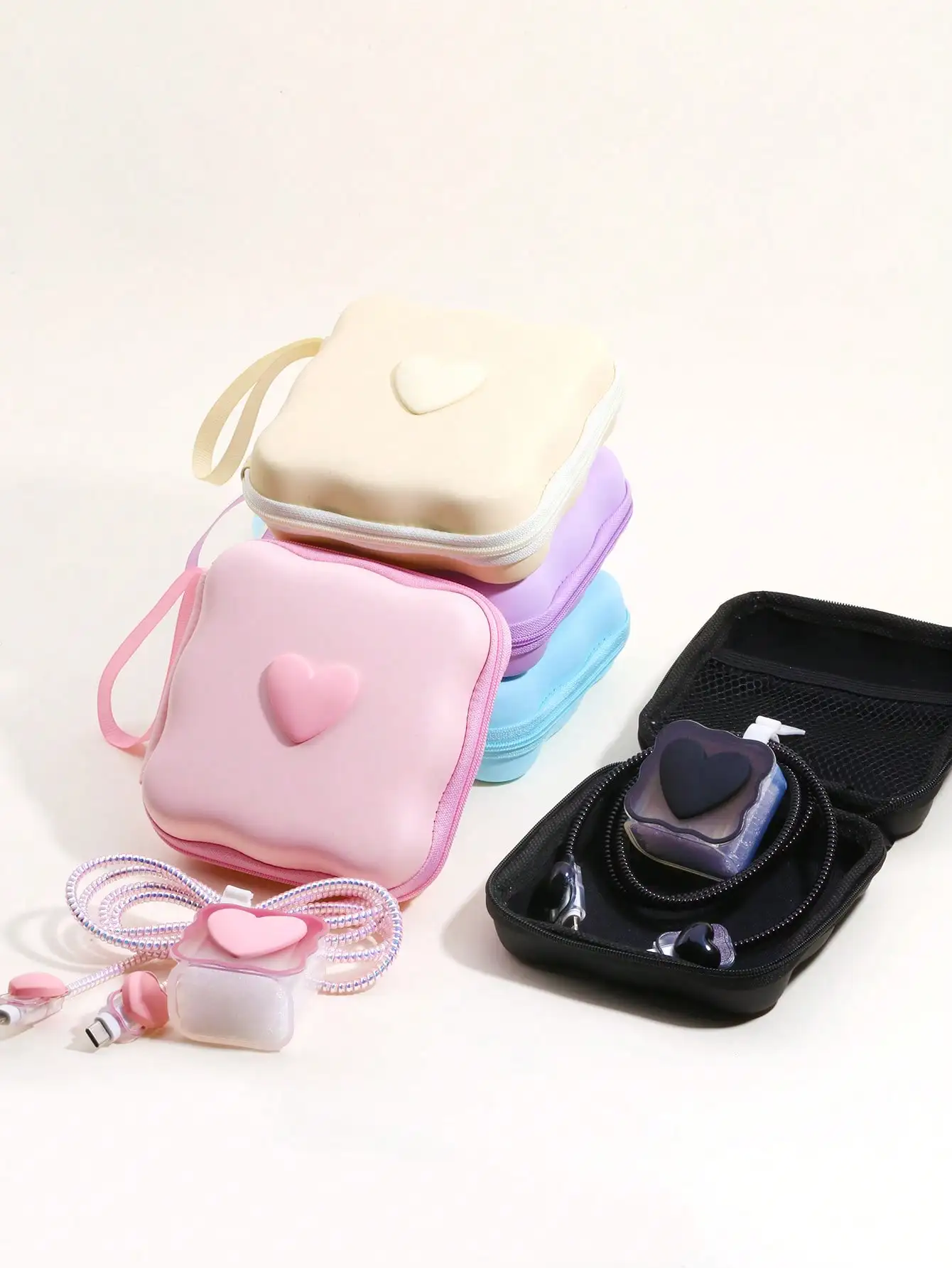 

6pcs Cute 3D Heart Wave + EVA Storage Pouch Set, Charger Protection Case, Data Cable Organizer Kit, Compatible With IPhone 12 14
