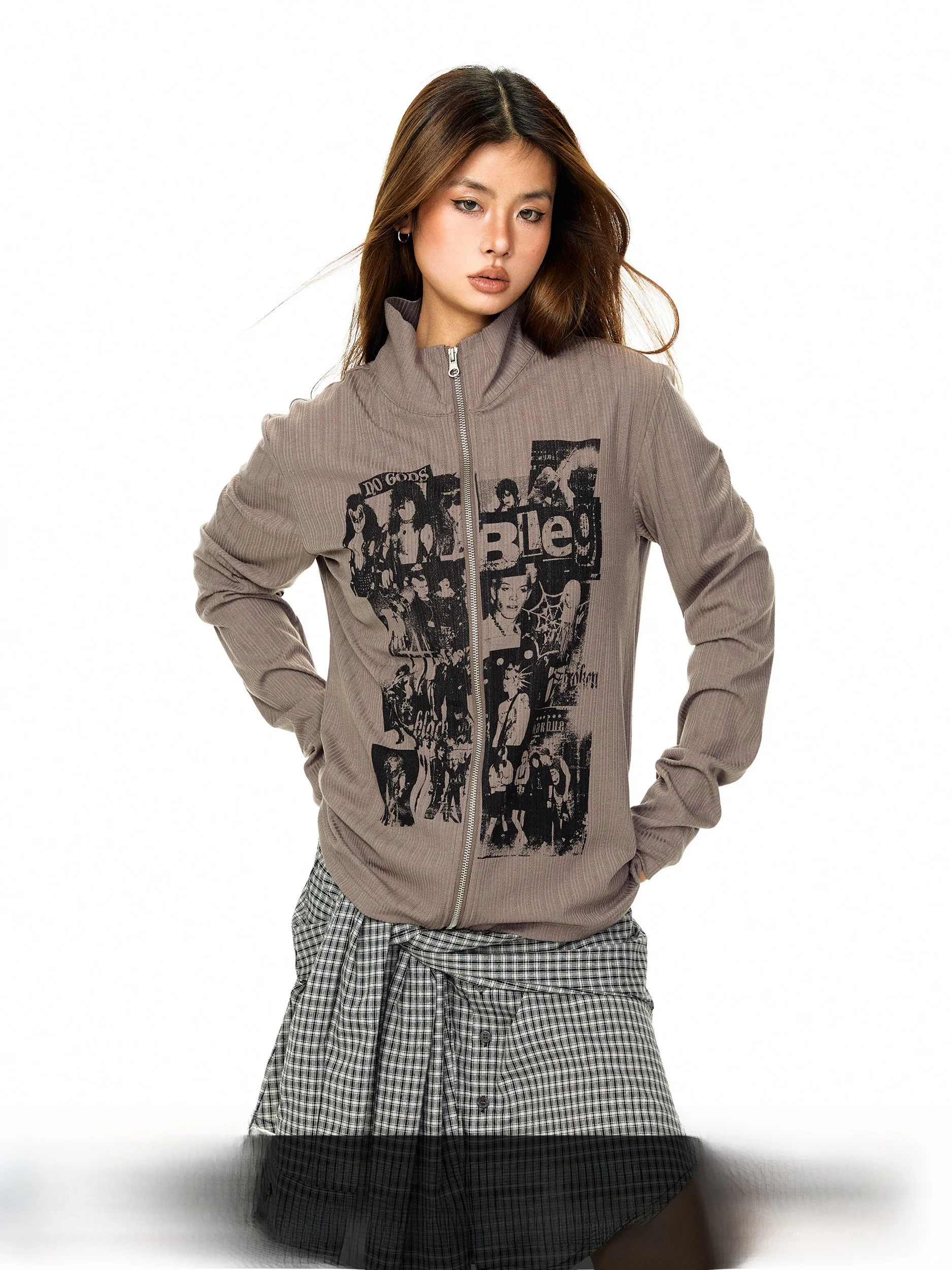 

Женский кардиган-свитшот Blabb с высоким воротником, принтом, длинными рукавами, на молнии, в стиле субкультуры, весенний, винтажный, с завышенной талией, топ