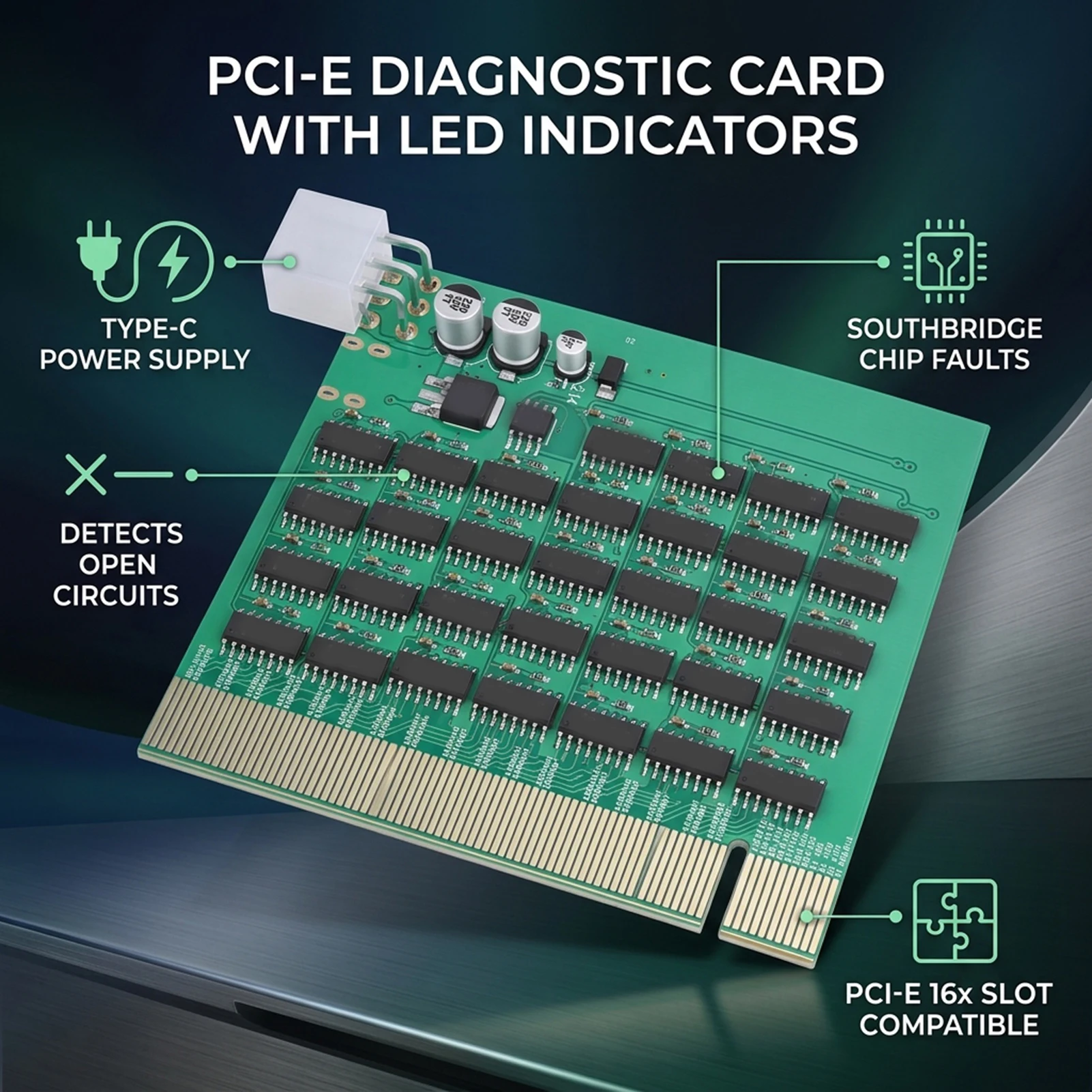 PCIe 16X Slot Tester PCIe 16X Test Card with Light PCI Express Slot Motherboard Diagnostic Tester Support Type C Power Supply view 3