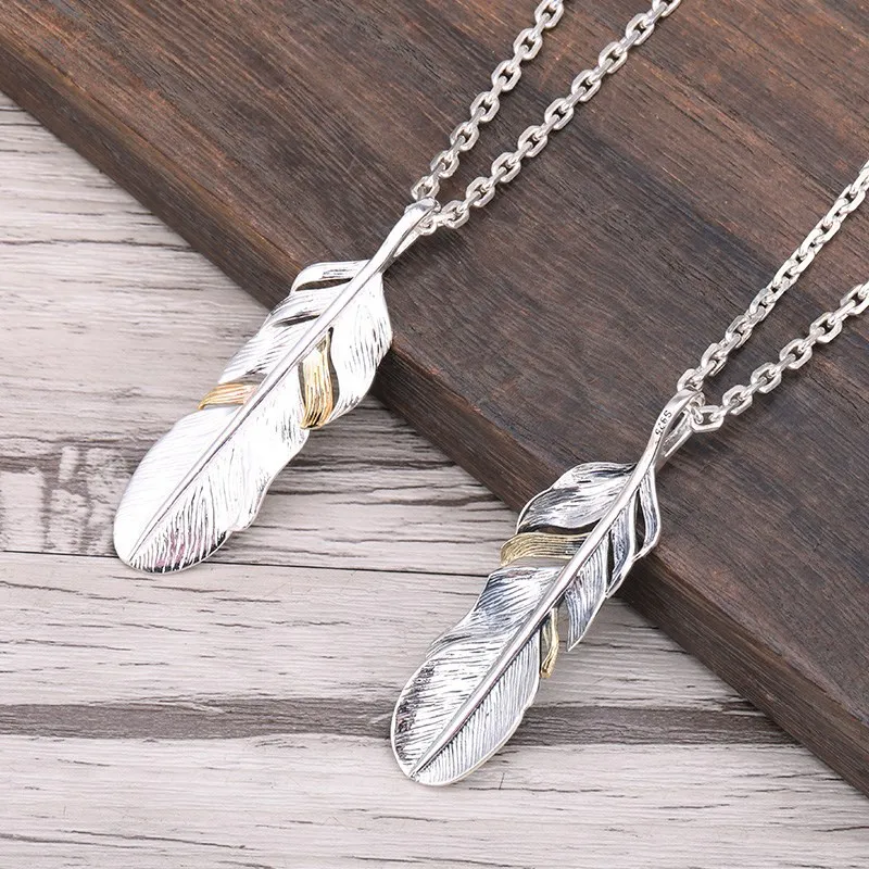 

Feather Pendant Male 925 Pure Silver Thai Silver Fashion Male Personality Female Necklace Pendant Japanese and Korean Vintage Pe