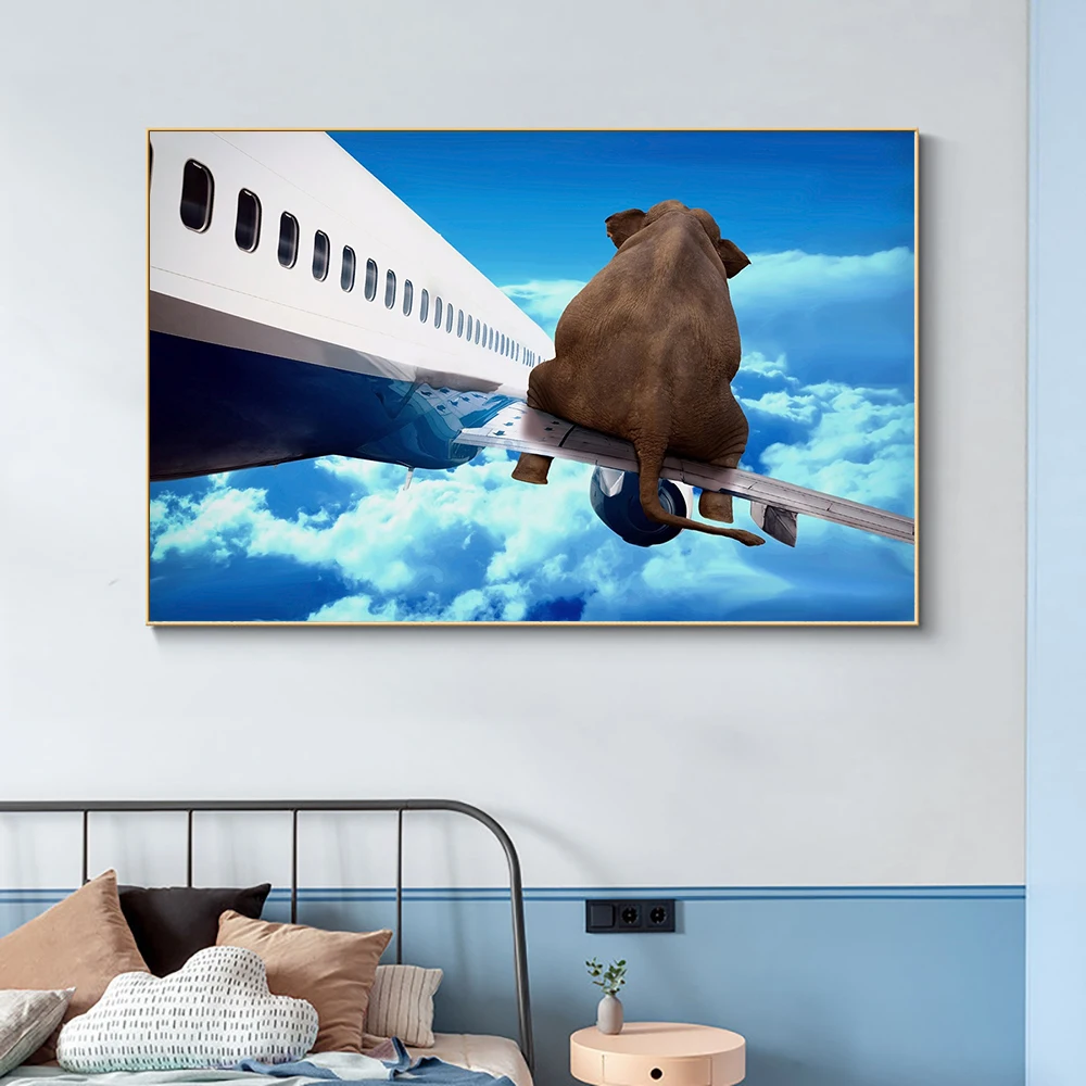 Funny Elephant Sits On Airplane Canvas Painting Nordic Cartoon Animals Posters Prints Wall Art Pictures For Kids Room Home Decor