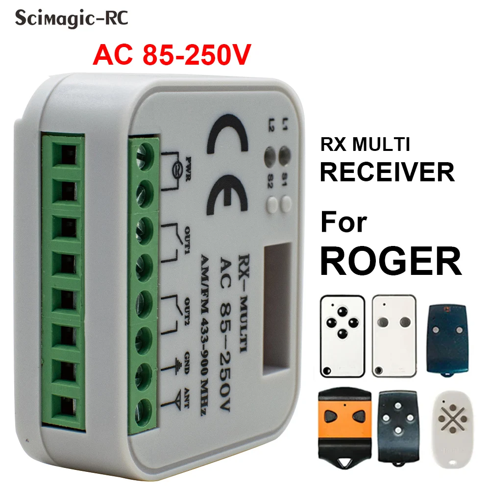 220V ROGER 433mhz Receiver For Garage Door Gate Open E80 TX54R TX52R H80 TX22 12V 24V RX MULTI 300-900mhz Controller Switch