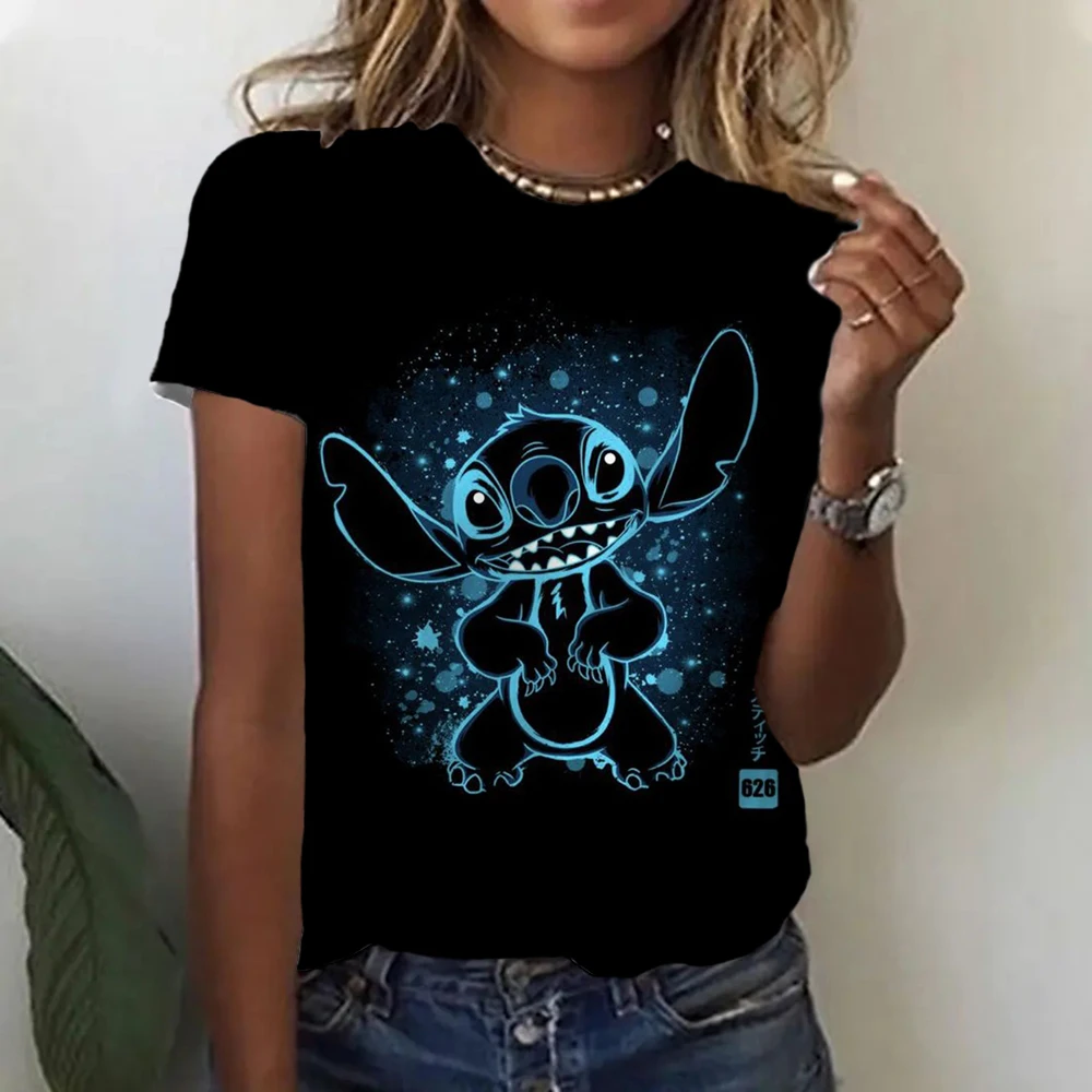 Kawaii Lilo Stitch Print T-shirts Tops for Women Lady Summer Children T-shirts Casual O-neck Ohana Stitch Disney T-shirts