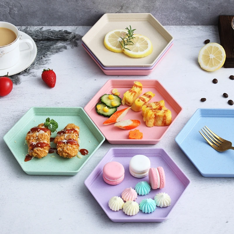 Tableware Dishes Multifunctional Fruit Plate Thicken Wheat Straw Hexagon Tray Dessert Plates