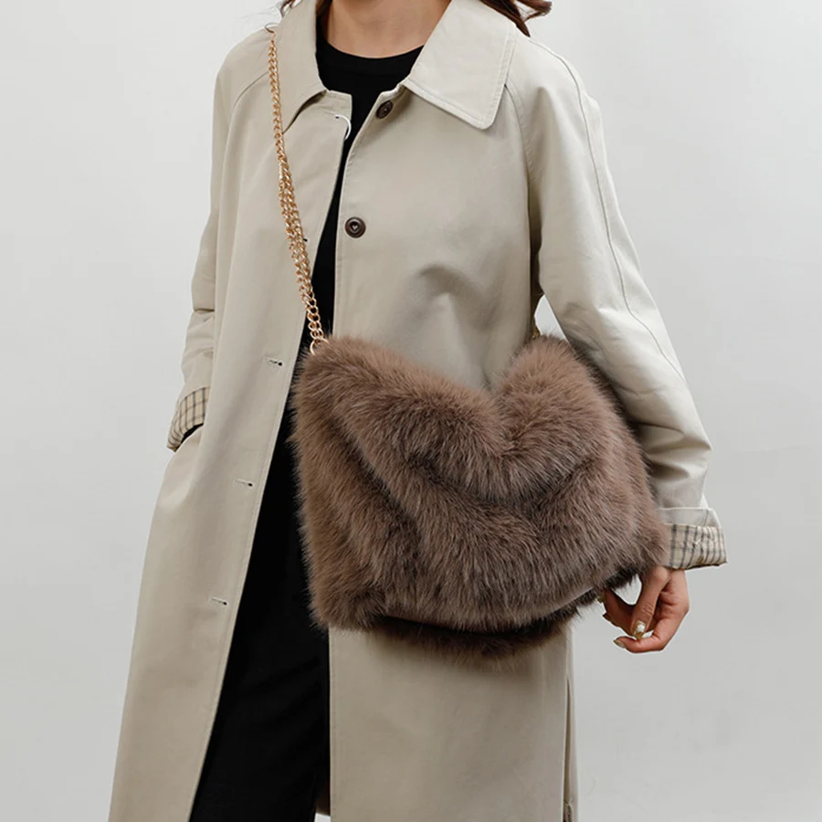 Winter Faux Fox Fur Women's Bag Fashion Plush Purses Handbag Woven Strap Women Shoulder Bag Large capacity Chains Messenger Bags