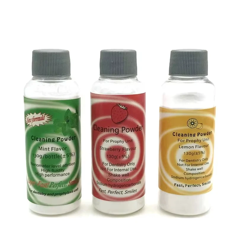 Polvo de pulido Dental, flujo de chorro de aire para profilaxis, limpieza de dientes, eliminación de manchas de placa, bicarbonato de sodio, 130g, menta, limón, fresa