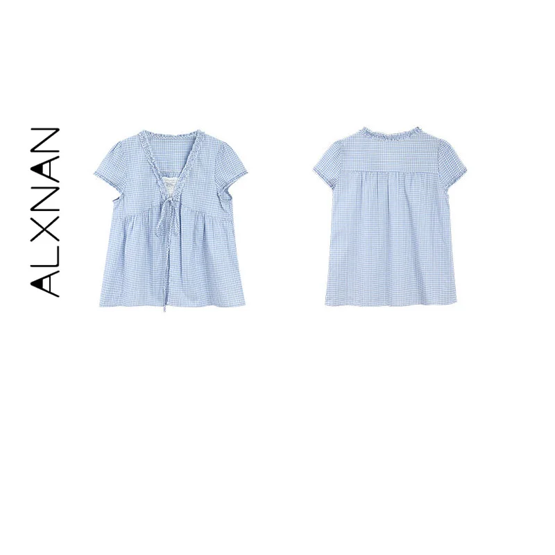 ALXNAN Blue Plaid Fake Two Piece Shirt 2026 Ruffle Trim V-neck Tie Detail Design Shirts Elegant Casual Ladies Clothing DYL662887 view 6