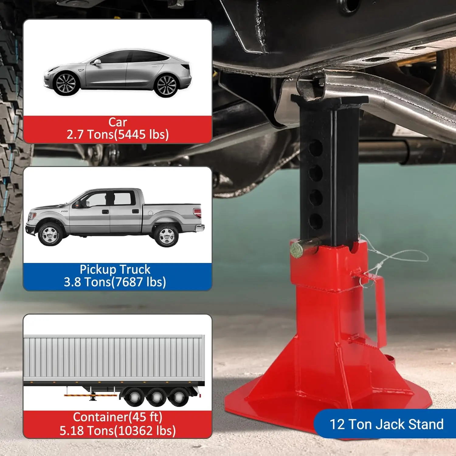 Car Jack Stands Steel 12 Ton Capacity Red Heavy Duty Pin Type 1 Pair with Lock, Adjustable Height 11"-18" view 6