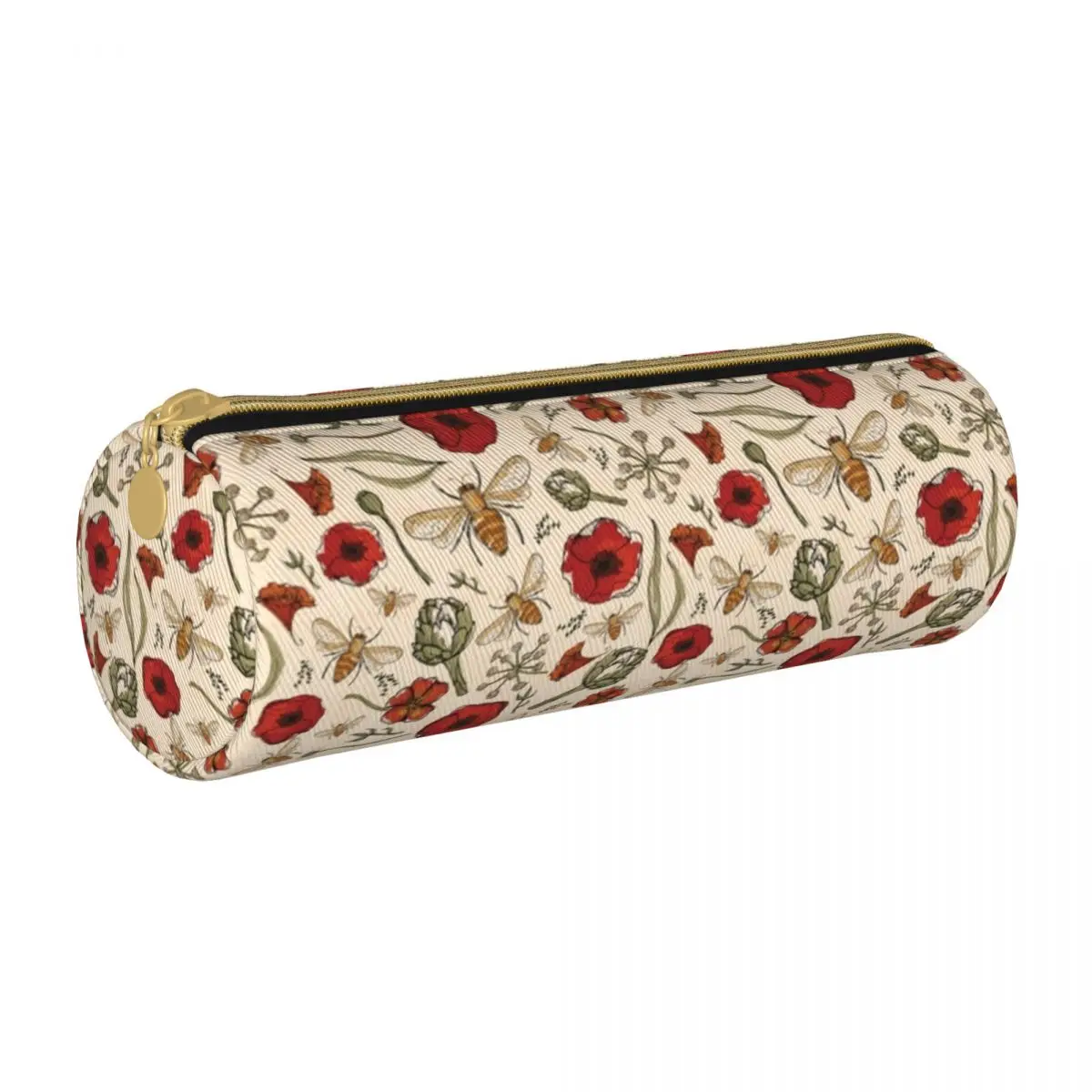 Bumble Bees Round Pencil Case Red Flower Print Elementary School Vintage Leather Pencil Box For Teens Zipper Pen Organizer