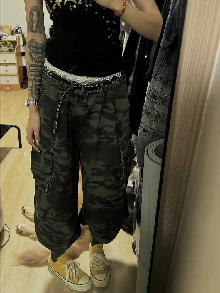 

High Waist Loose Fit Camouflage Workwear Seven Inch Casual Wide Leg Shorts Women's Design Sense American Vibe plus Size Jeans
