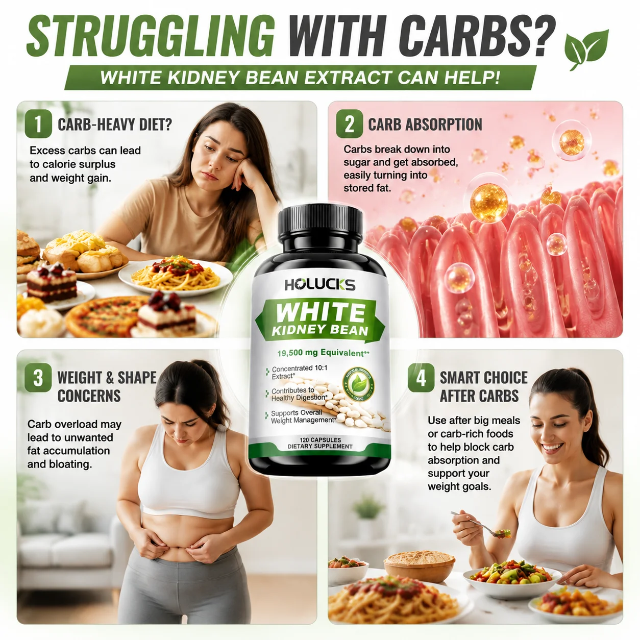 HOLUCKS Natural White Kidney Bean 10:1 Extract, Support Optimal Carb Breakdown, Healthy Digestion, Bloating Relief , Metabolism