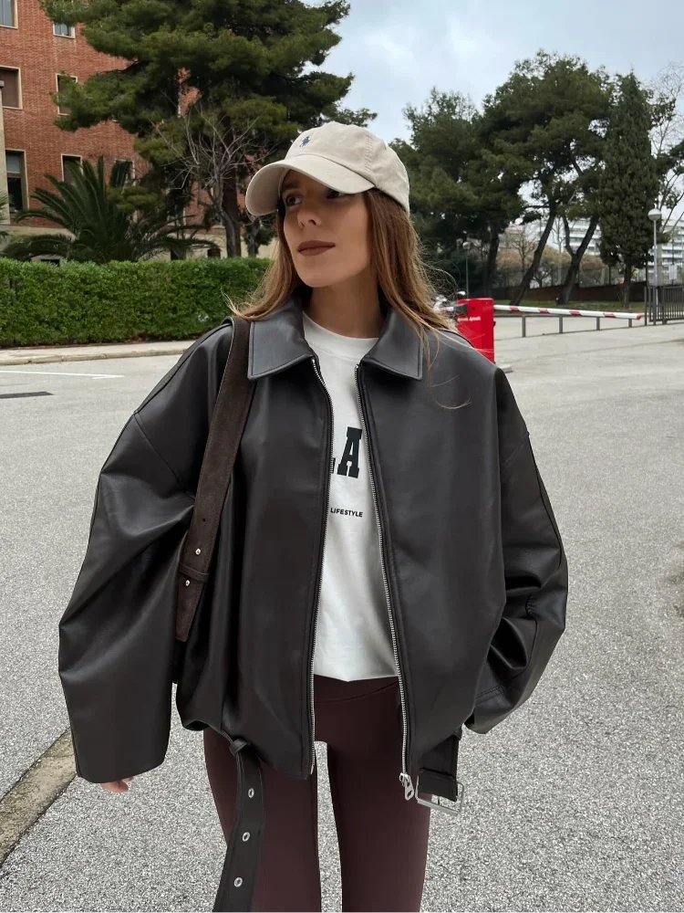 

Женское однотонное пальто из искусственной кожи в стиле ретро, короткие куртки с лацканами и длинными рукавами на молнии, свободное пальто, осенняя женская уличная мотоциклетная куртка