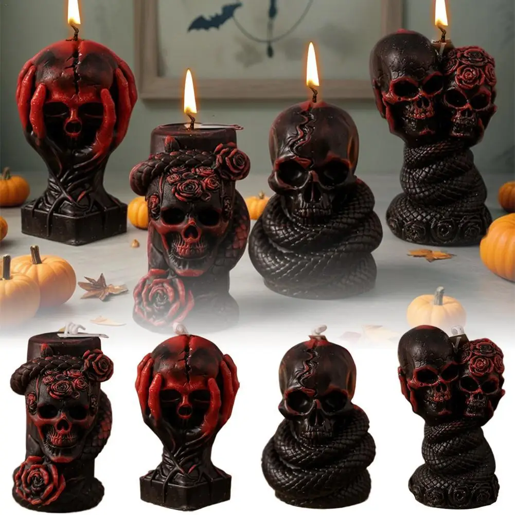 Vela perfumada de cera de Pilar de calavera de Halloween, adorno de vela gótica oscura