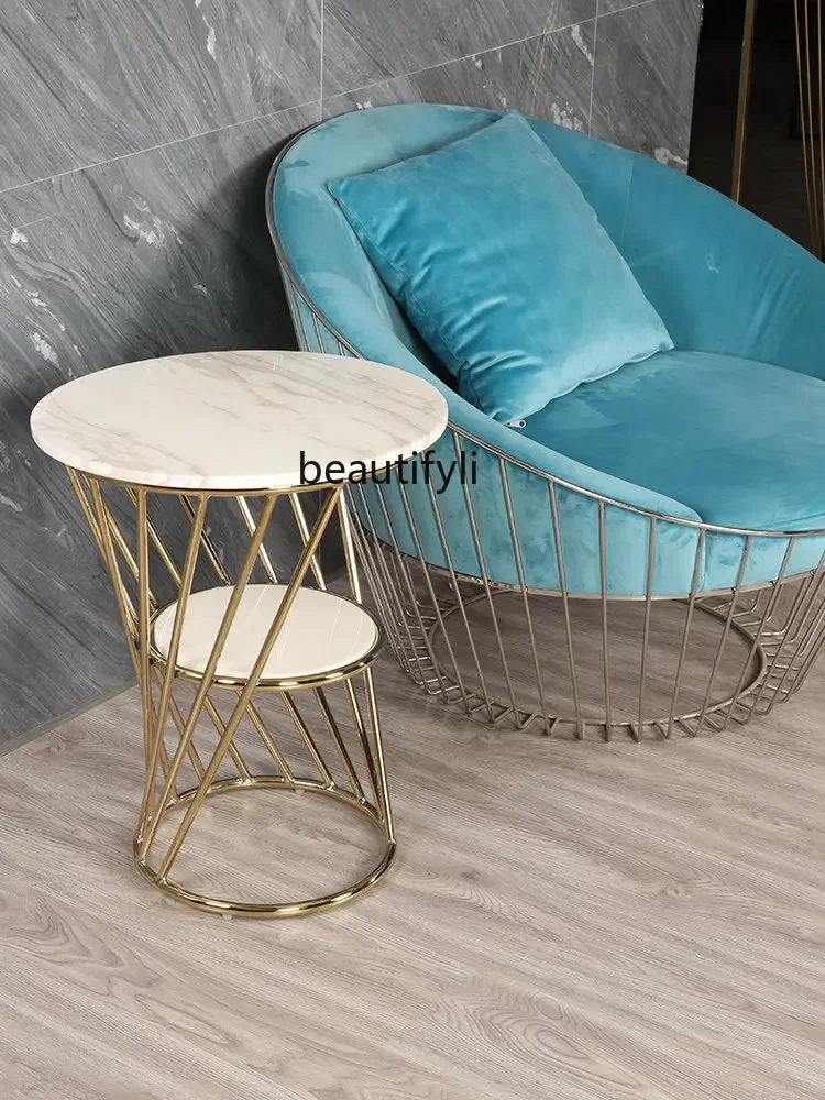 

1zMild Luxury Marble Side Table Nordic Stainless Steel American Creative Small Tea Table round Double Layer Corner Table