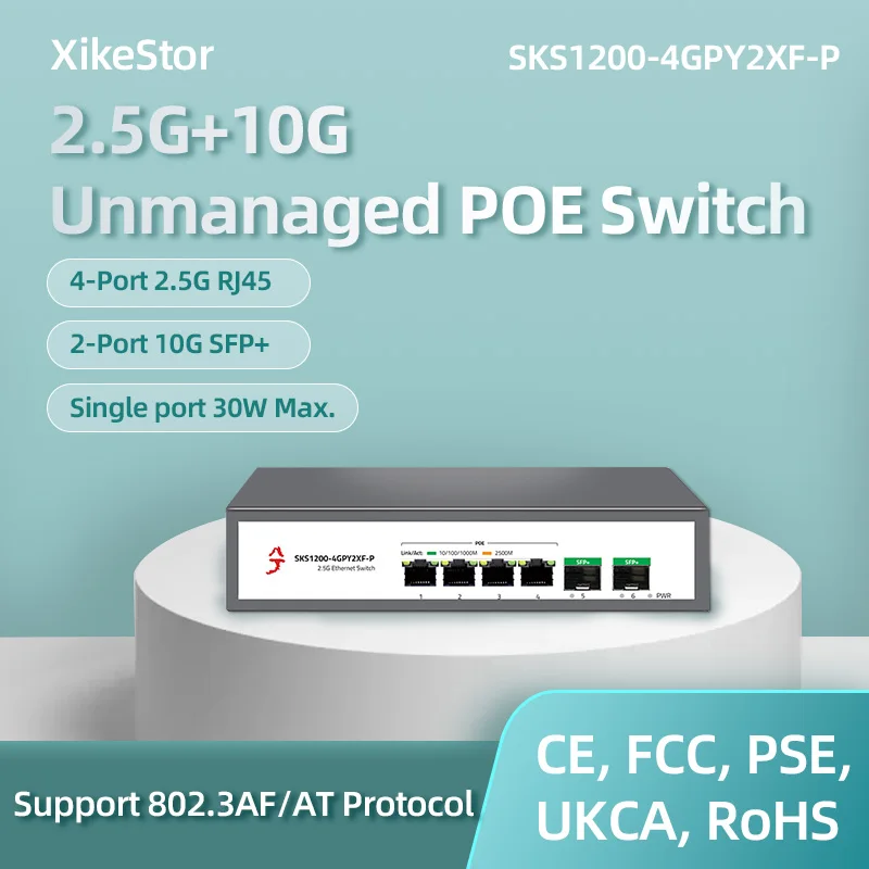 XikeStor 6-Port Unmanaged POE Ethernet Network 2.5G RJ45 Ports 10G SFP+ Slots Fanless Plug and Play