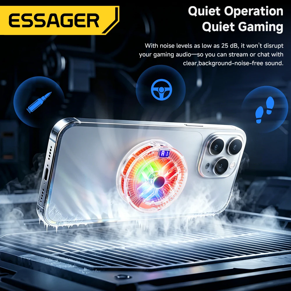 Essager Magnetic  Back Clip 2 in1 Phone Cooler Back Clip Smart Digital Screen Display RGB Light Mute Cooling Fan for iPhone live