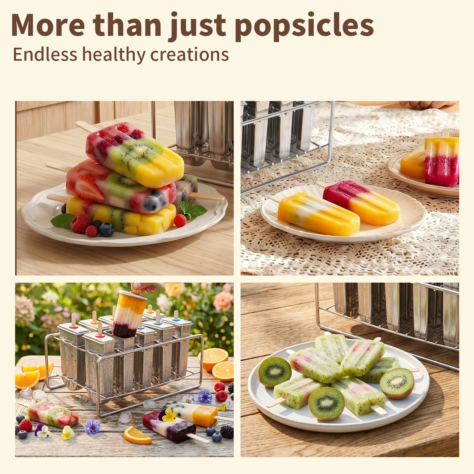 10PCS Stainless Steel Popsicle Molds and Rack with 100 Sticks 20 Bags 1 Cleaning Brush Ice Cream Popsicle Molds for Kids