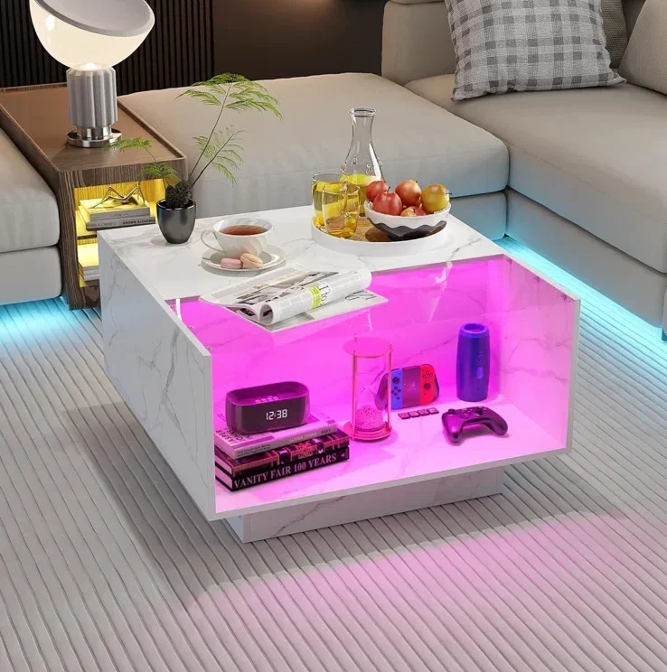 

/Современный журнальный столик со светодиодным центральным столом для гостиной, многофункциональный стол для хранения с квадратной глянцевой поверхностью