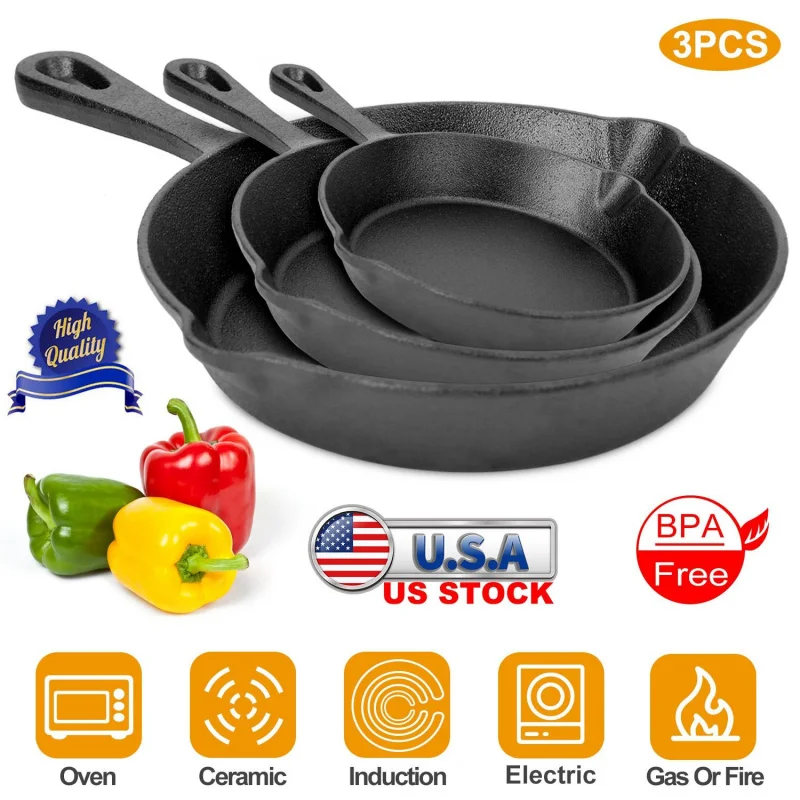 

3Pcs Pre-Seasoned Cast Iron Skillet Set 6/8/10in Non-Stick Oven Safe Cookware Heat-Resistant Frying Pan